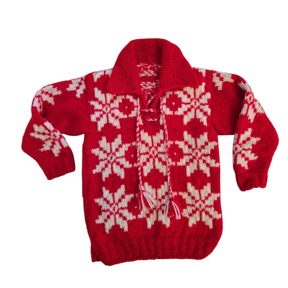 Vintage Handmade Crochet Red Snowflake Collared Sweater